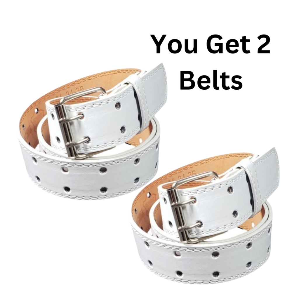 Unisex White Genuine Leather Two Row Double Row Prong Holes Casual Belts 2 Pcs